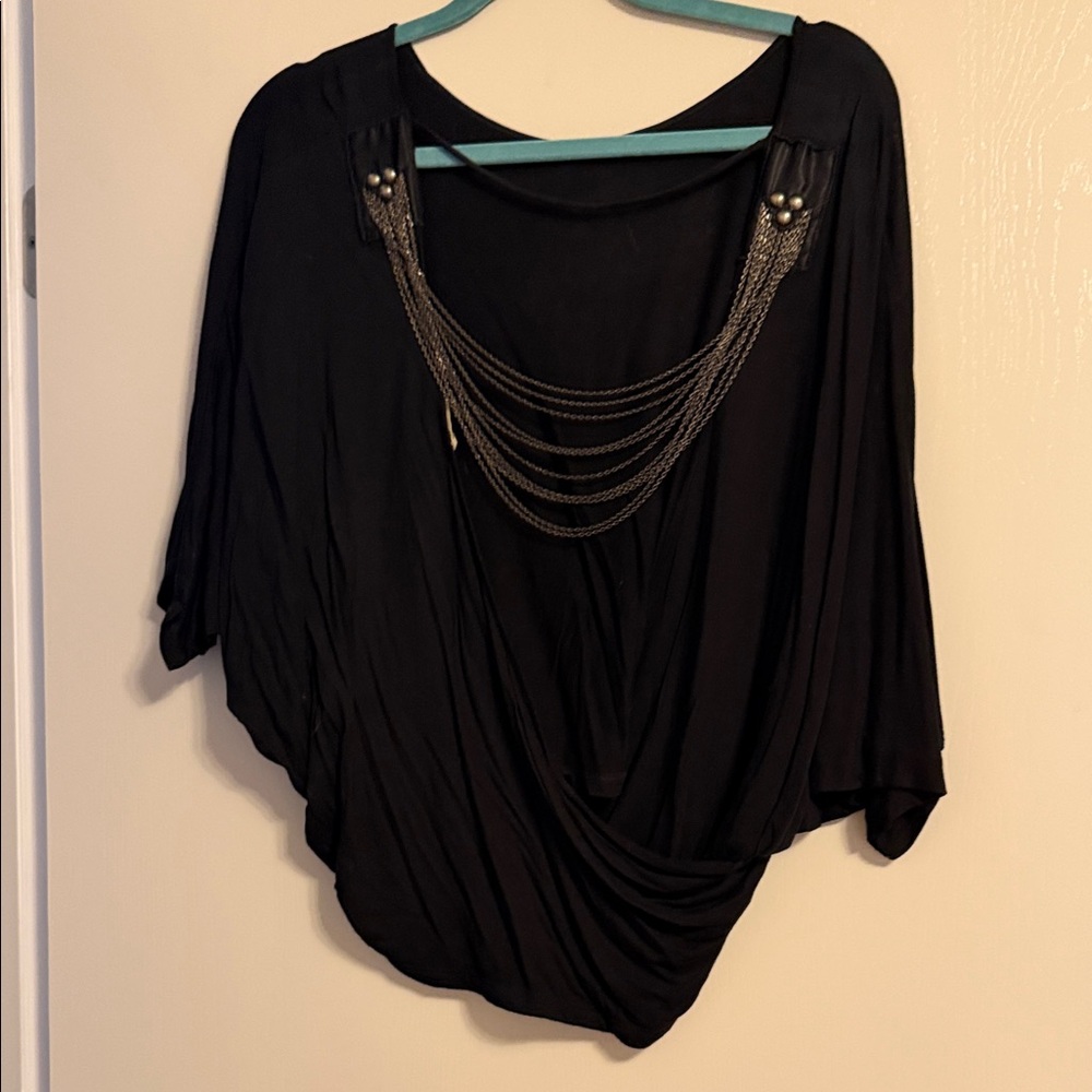 Lush Black Draped Blouse with Chain Accents